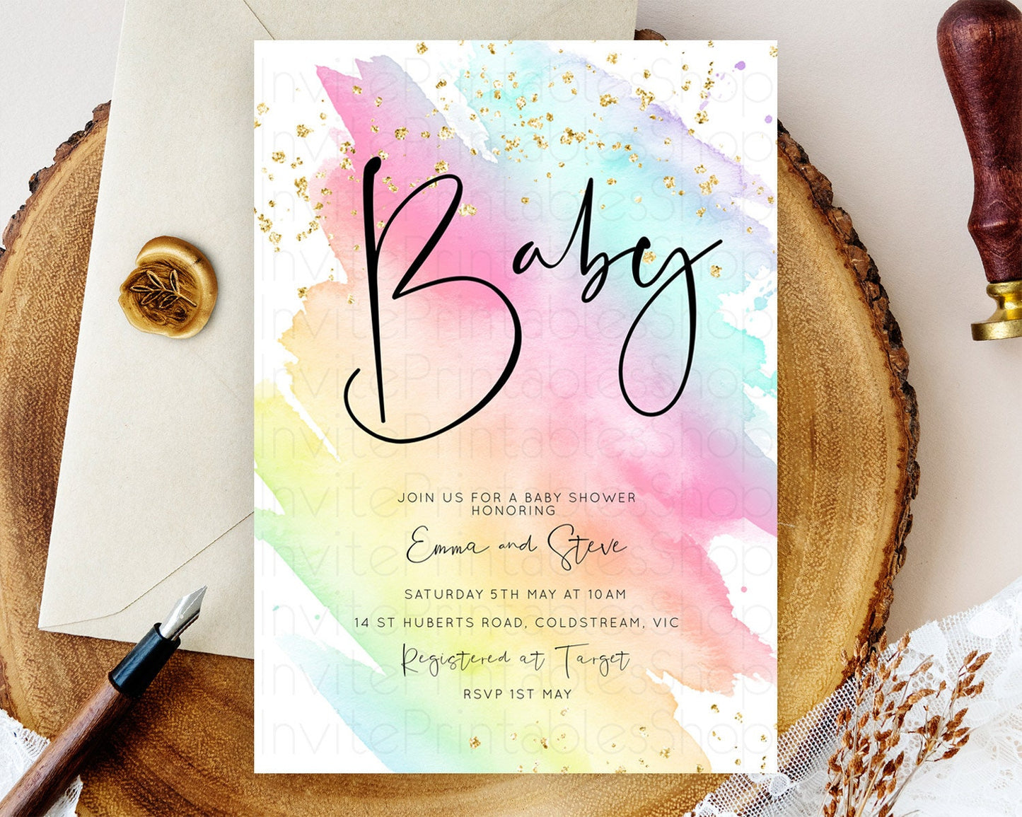 Pastel Baby Shower Invitation Rainbow Baby Shower Invitation Pastel Color Watercolor Invitation Pink Blue Yellow Gold Sprinkles Ombre D10495