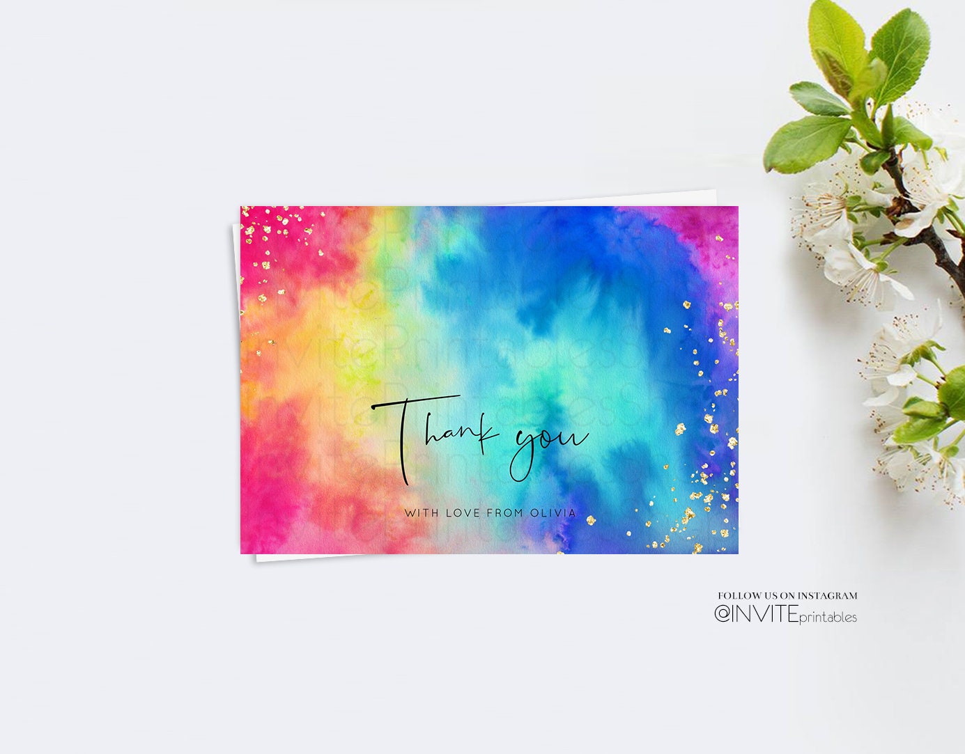 Tie Dye Pastel Thank You Card Colorful Rainbow Gold Watercolor Details Card Custom Message Kids Birthday Baby Shower Flat Postcard