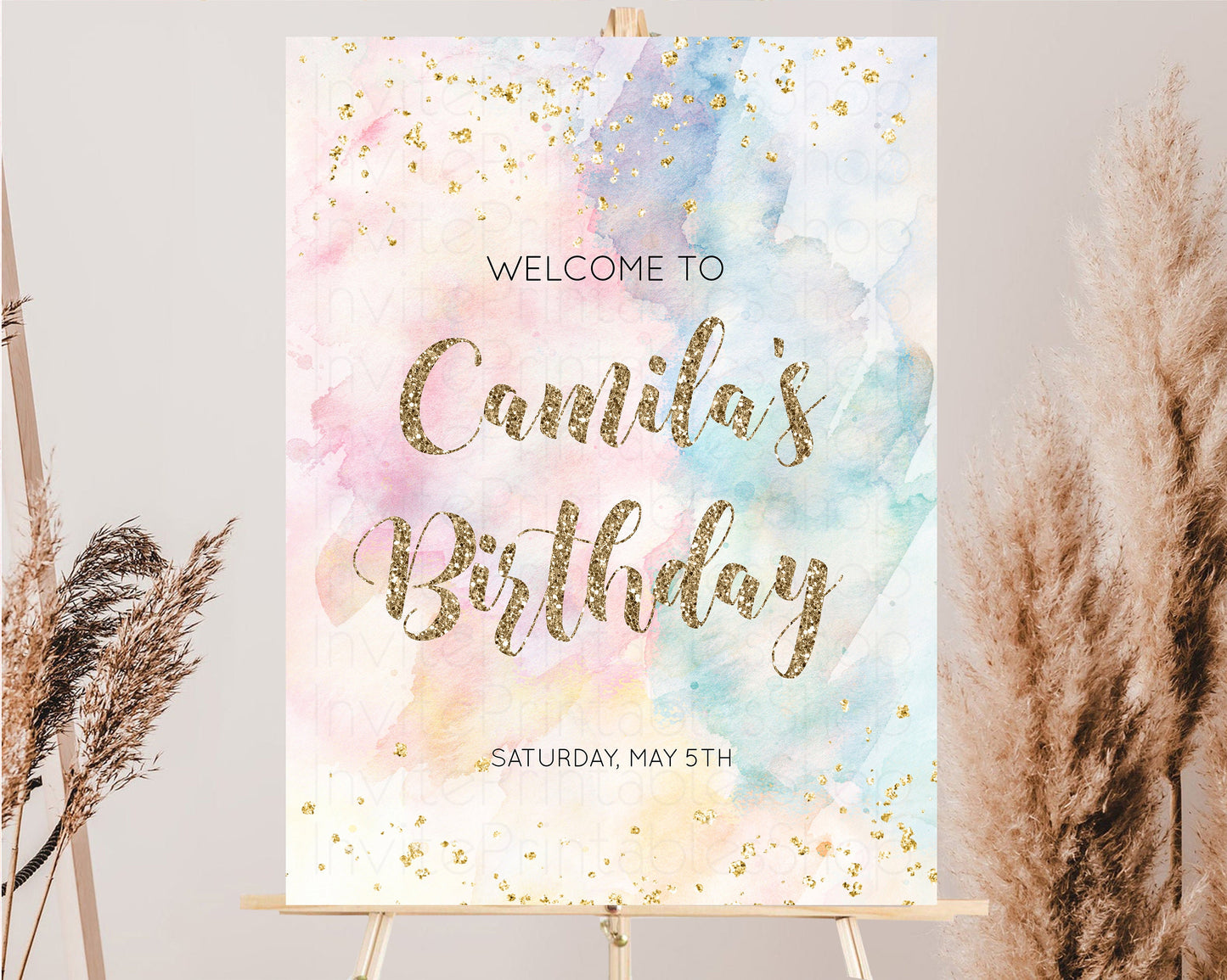 Rainbow Welcome Sign Pastel Watercolor Welcome Board Gold Glitter Confetti Colorful Splash Party Entry Sign 1st Birthday Poster 276