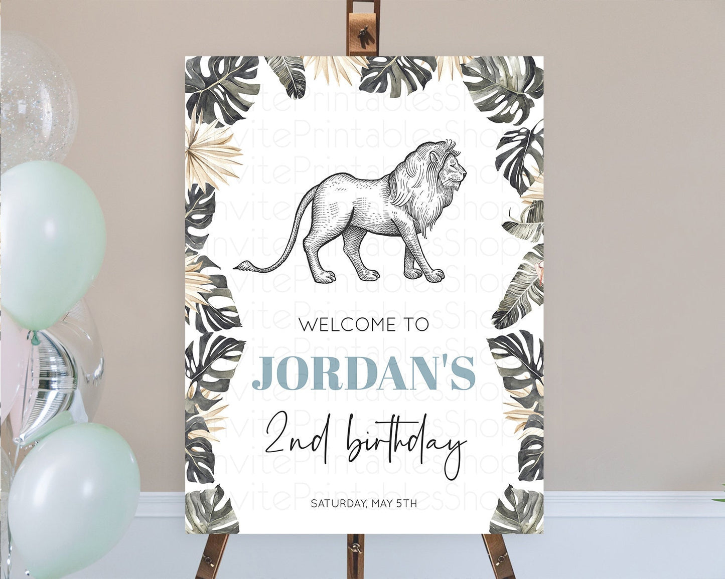 Lion Welcome Sign Lion Welcome Board Lion Party Welcome Poster Dried Palm Fern Safari Party Decor Lion First Birthday Welcome Sign D10807