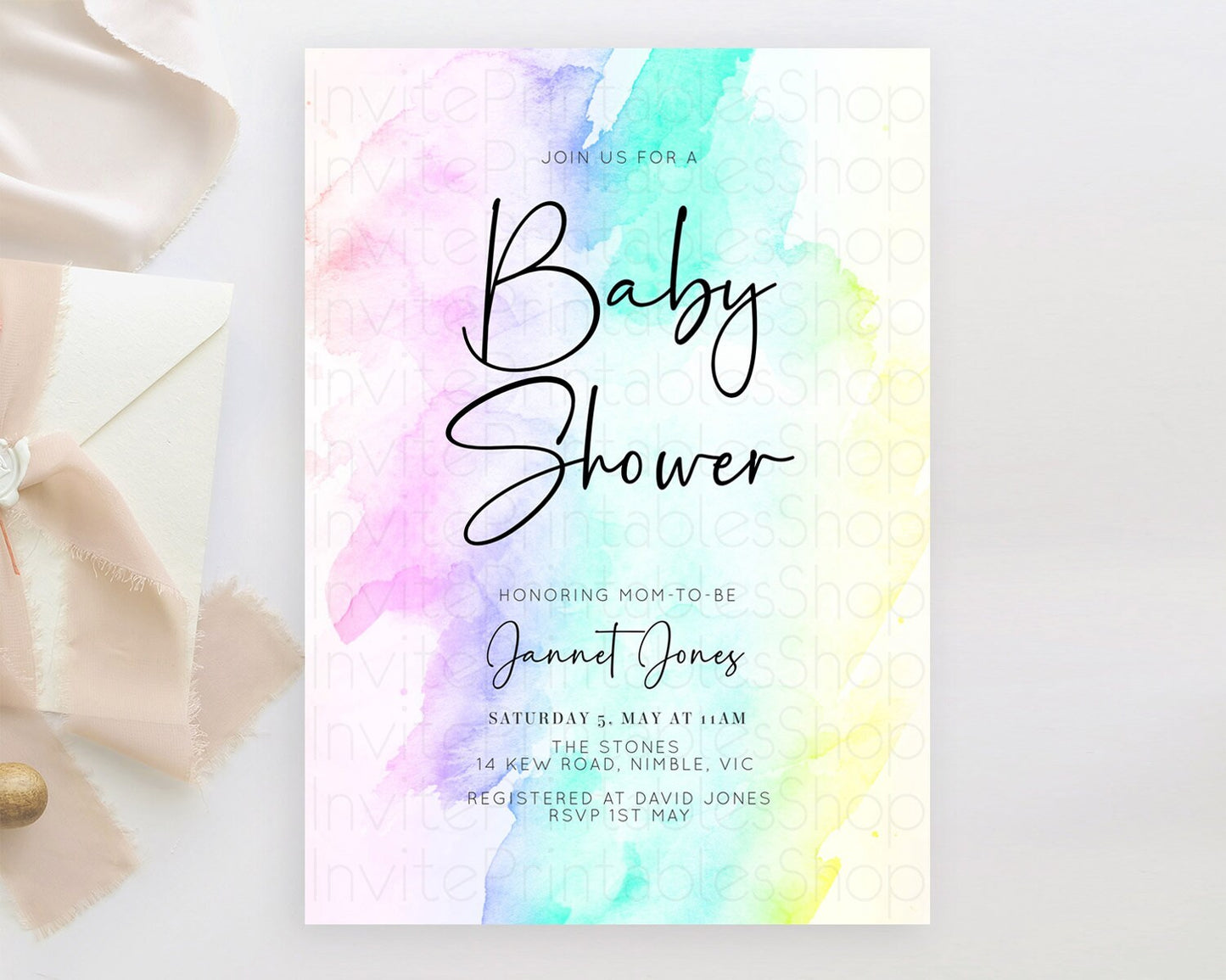 Pastel Baby Shower Invitation Rainbow Baby Shower Invitation Colorful Pastel Watercolor Invitation Gold Glitter Sprinkles Ombre D10231