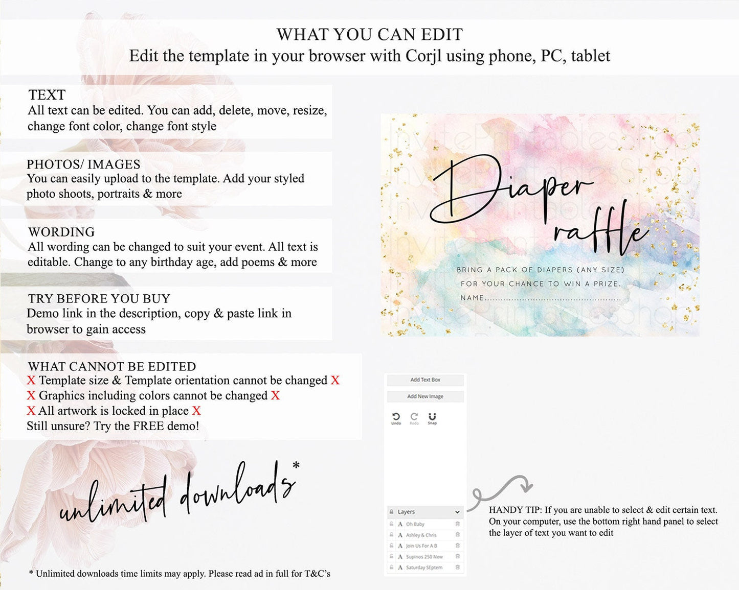 Pastel Diaper Raffle Card Pastel Rainbow Diaper Raffle Insert Colorful Ombre Watercolor Diaper Ticket Confetti Glitter Raffle Game D10263