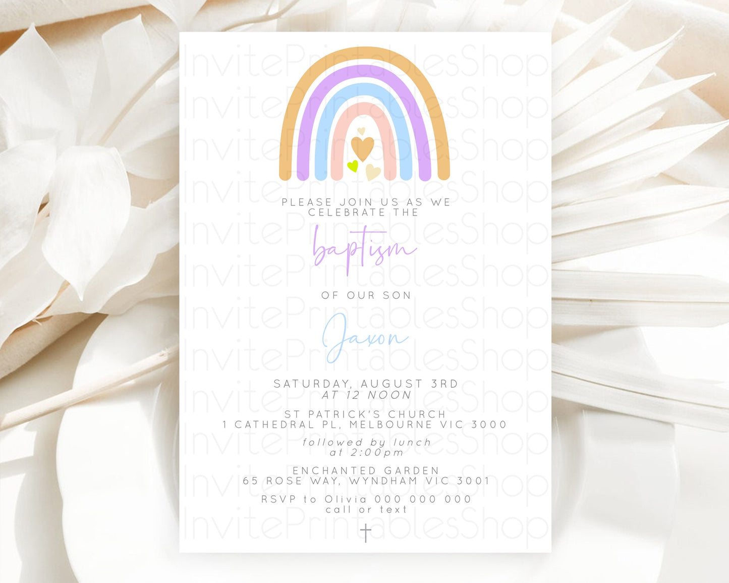 Editable Pastel Rainbow Baptism Invitation Boho Rainbow Baptism 1st Birthday