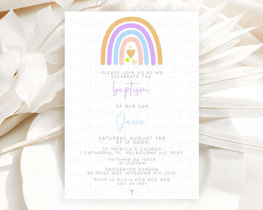 Editable Pastel Rainbow Baptism Invitation Boho Rainbow Baptism 1st Birthday