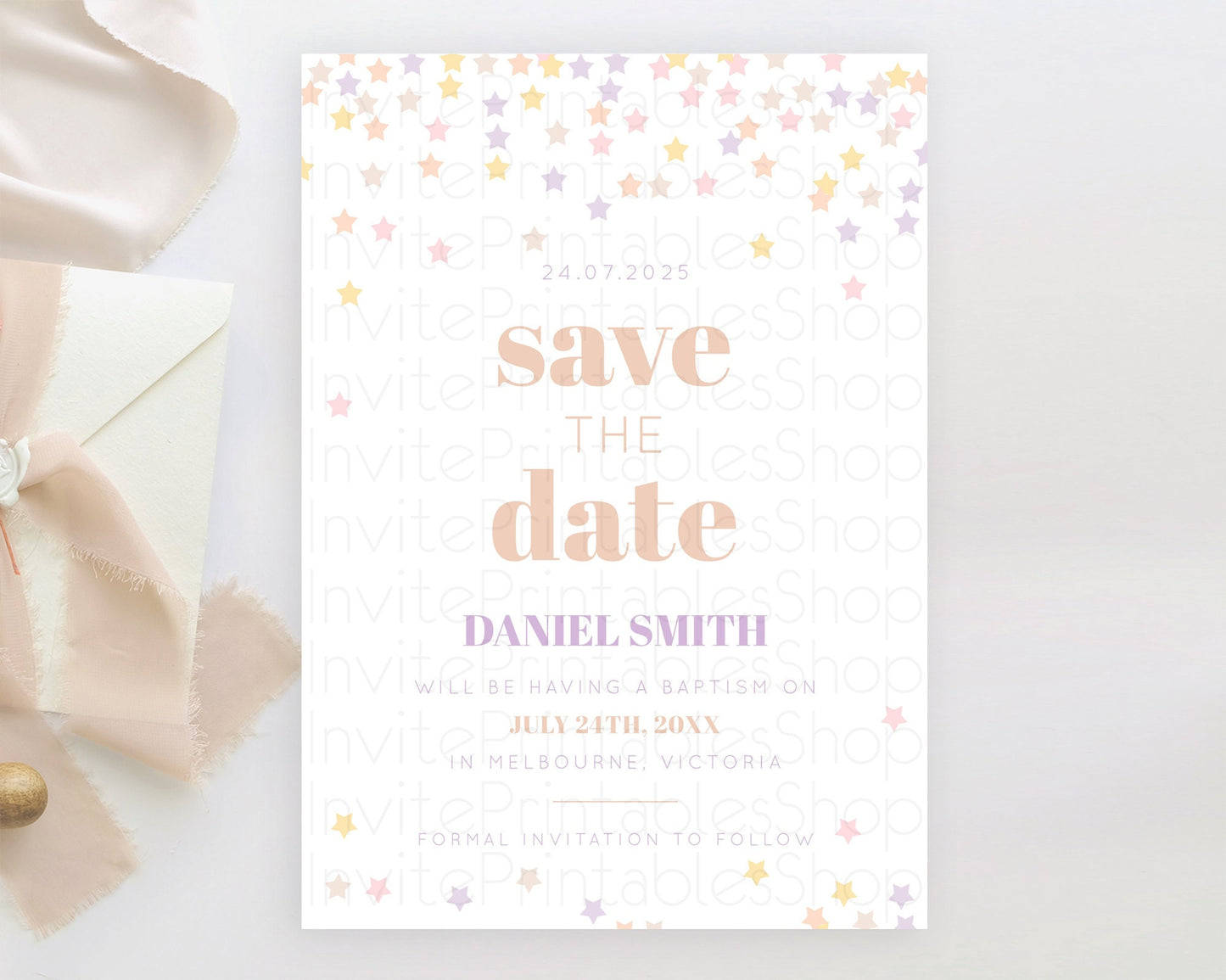 Twinkle Stars Save The Date Template Pastel Twinkle Little Star Party Shooting Star Confetti Sprinkles Birthday Baptism Baby Shower D10810