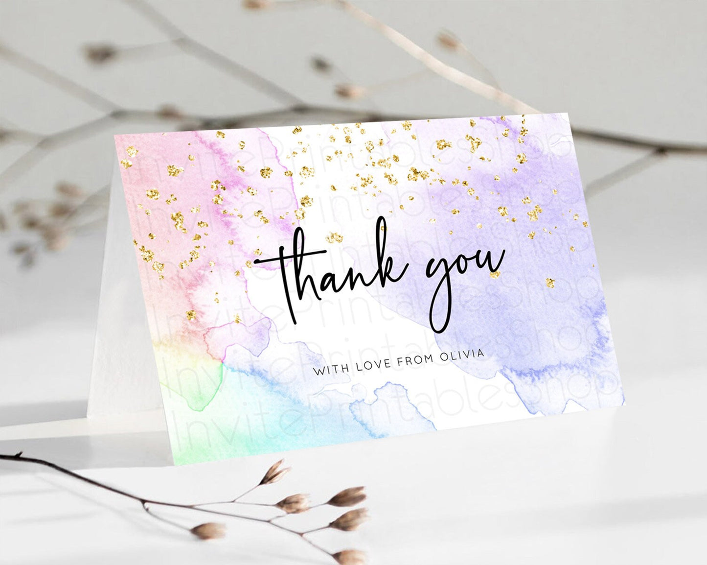 Pastel Thank You Rainbow Thank You Card Colorful Pastel Birthday Thank You Card Confetti Watercolor Pastel Teacher Thank You Cards D10215