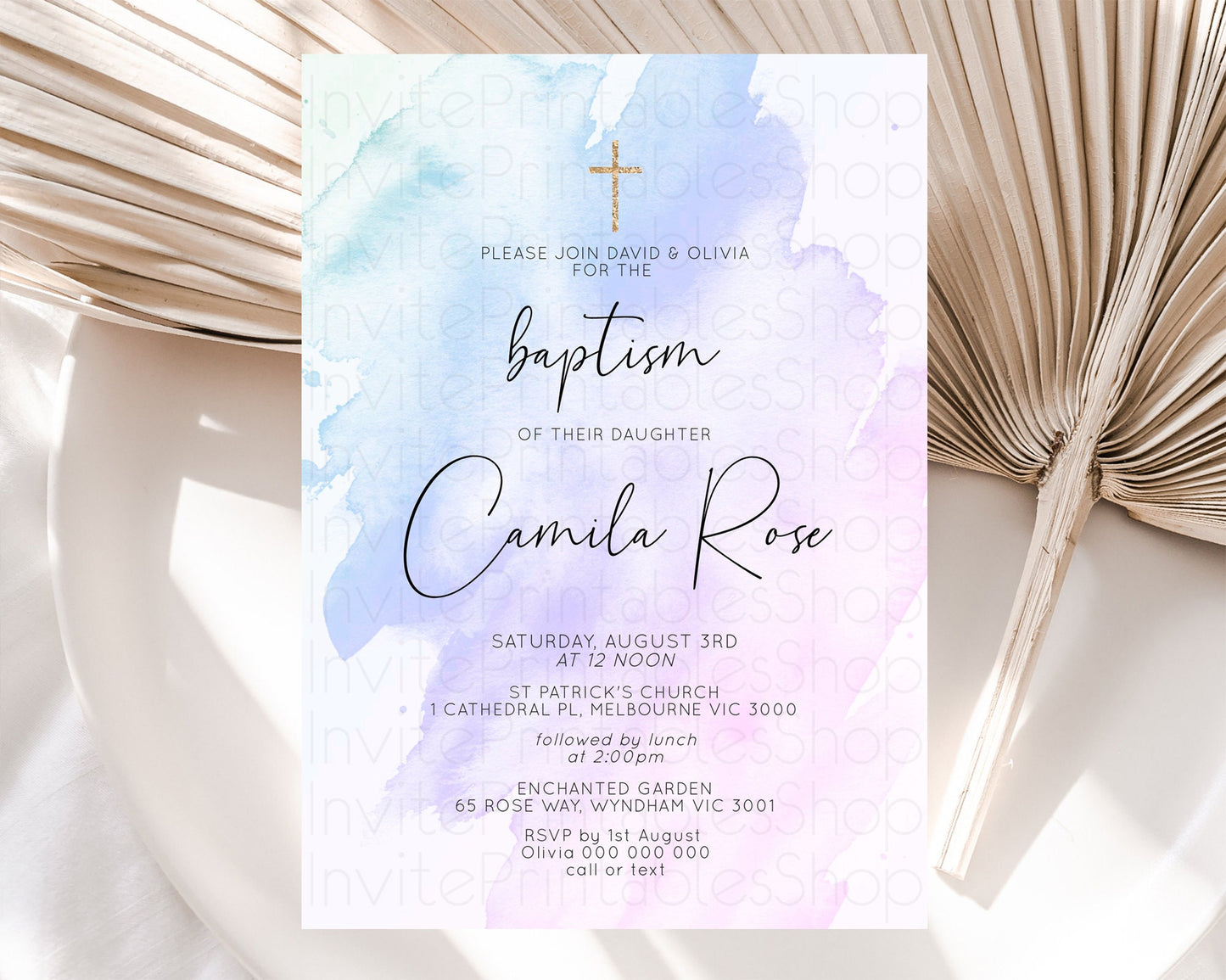 Purple Baptism Invitation Purple Watercolor Baptism Birthday Invitation Pastel Purple Watercolor Christening Invite Purple Splash D10165