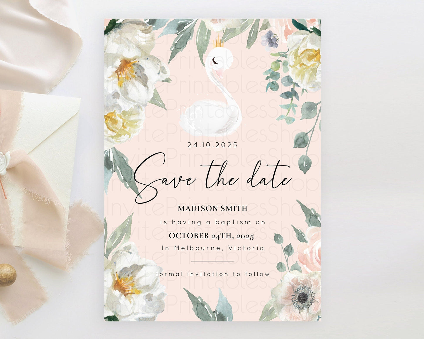 Swan Save The Date Template Swan Princess Ballet Party Enchanted Swan Lake Secret Garden Pastel Floral Birthday Baptism Baby Shower D10755
