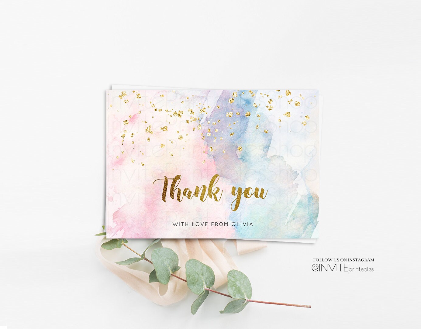 Rainbow Thank You Card Pastel Watercolor Thank you Card Gold Foil Colorful Paint Custom Message Kids Birthday Baby Shower Flat Postcard 276