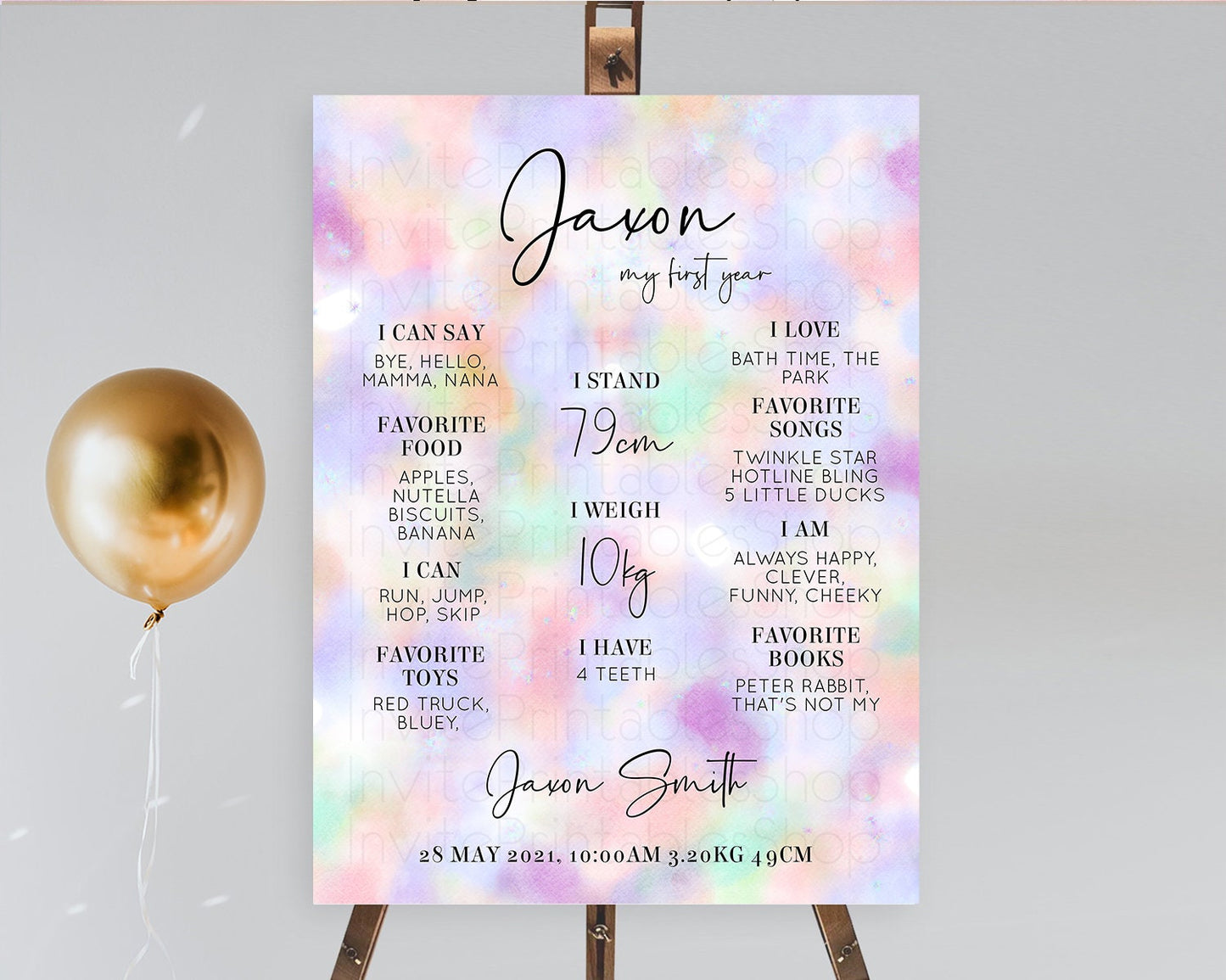 Pastel First Birthday Milestone Board Pastel Rainbow Milestone Poster Colorful Confetti Watercolor Glitter 1st Birthday Welcome Sign D10697