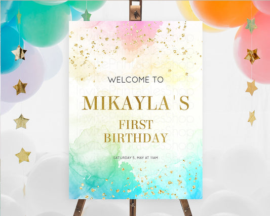 Pastel Welcome Sign Pastel Rainbow Welcome Sign Colorful Rainbow Confetti Watercolor Glitter Pastel First Birthday Welcome Sign D10770