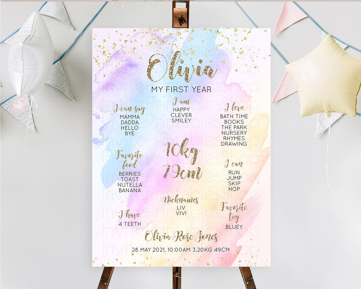 Pastel First Birthday Milestone Board Pastel Rainbow Milestone Poster Colorful Confetti Watercolor Glitter 1st Birthday Welcome Sign D10633