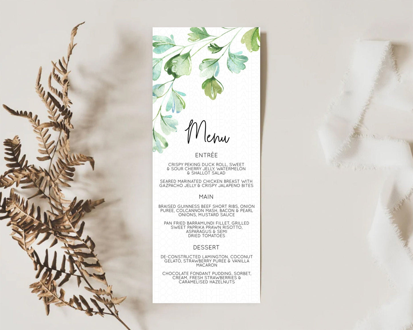 Leafy Menu Green Leaf Menu Template Eucalyptus Fern Leaves Decor Watercolor Boho Garden Leaf Branch Dinner Dessert Party Food Menu D11057