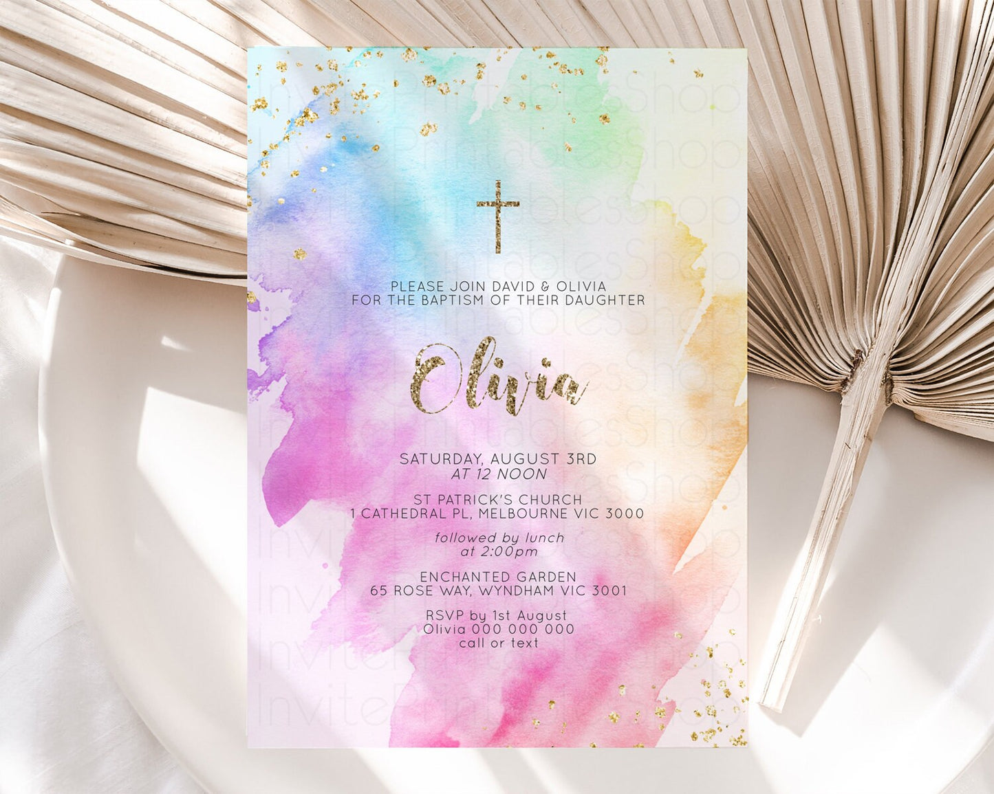 Rainbow Baptism invitation Pastel Rainbow Christening Invite Ombre Watercolor Invite Gold Glitter Sprinkle Splash Cross Religious g504