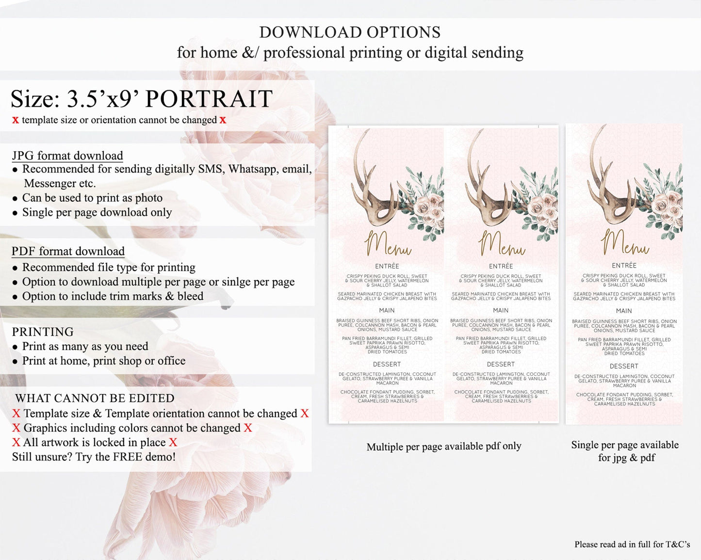 Secret Garden Menu Wildflower Menu Template Pastel Flower Garden Table Decor Boho Floral Dinner Dessert Floral Party Food Menu D11010