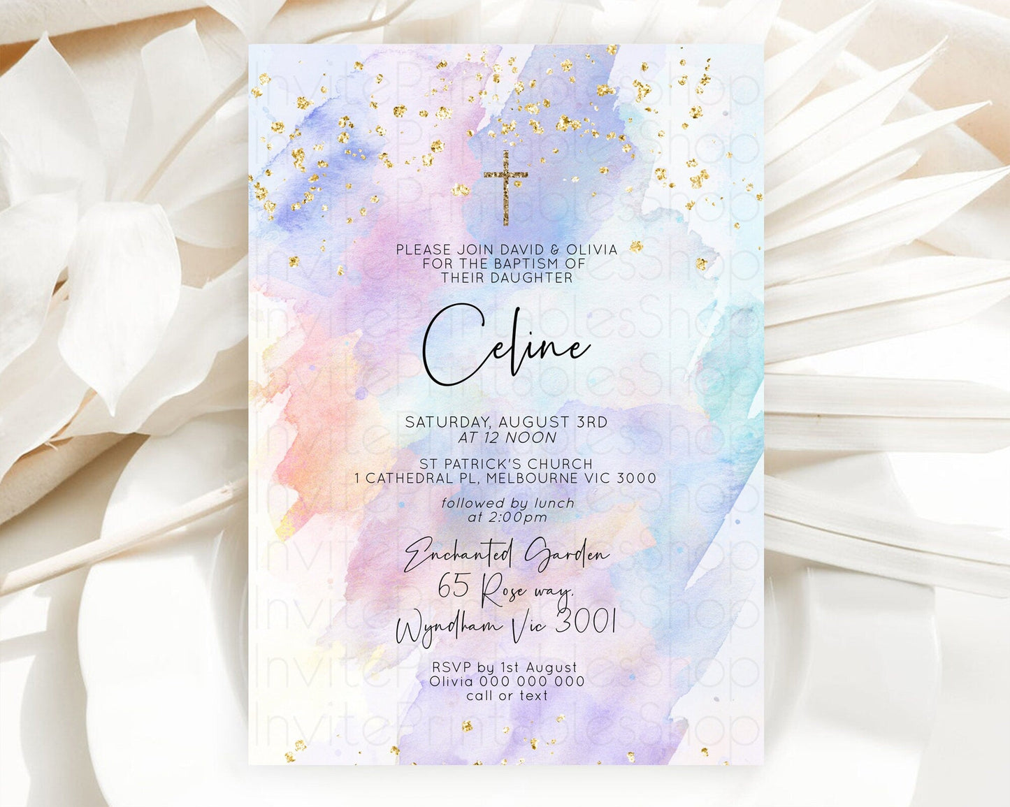 Pastel Baptism Invitation Pastel Colors Watercolor Baptism 1st Birthday Party Gold Ombre Pastel Rainbow Christening Holy Communion D10585