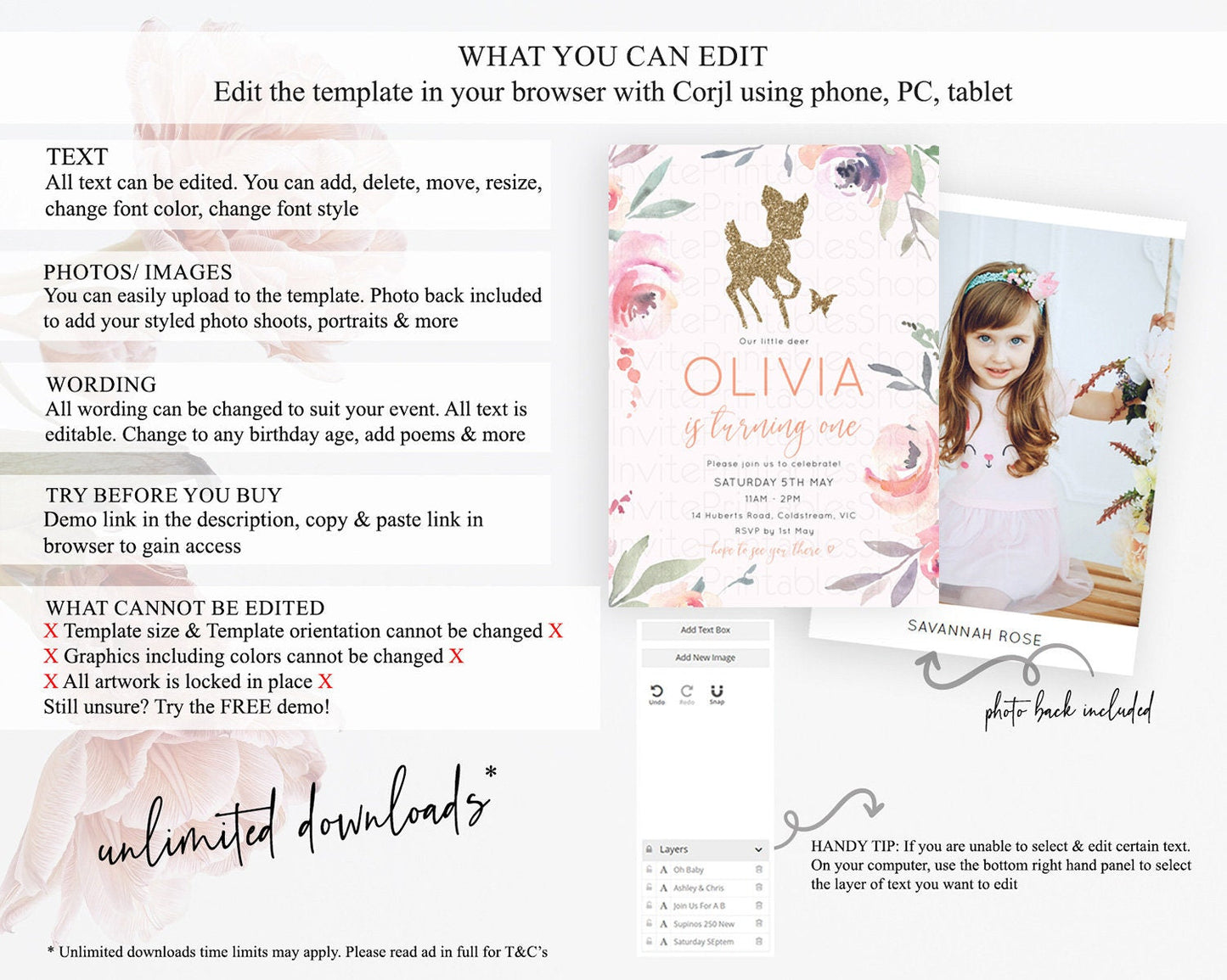 Fawn Birthday Invitation Deer Birthday Invitation Enchanted Forest Party Butterfly Pastel Flowers Whimsical 2nd 1st First Birthday D10196