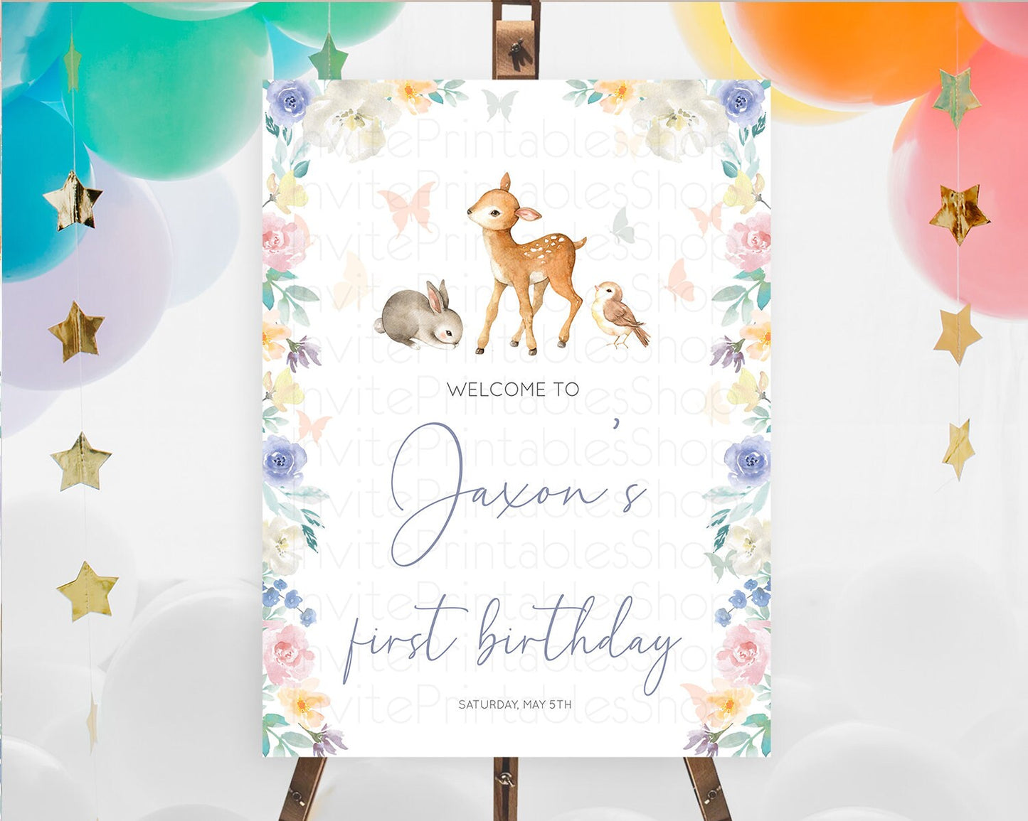 Fawn Welcome Sign Deer Welcome Board Floral Deer Welcome Poster Enchanted Forest Butterfly Pastel Floral First Birthday Welcome Sign D10930