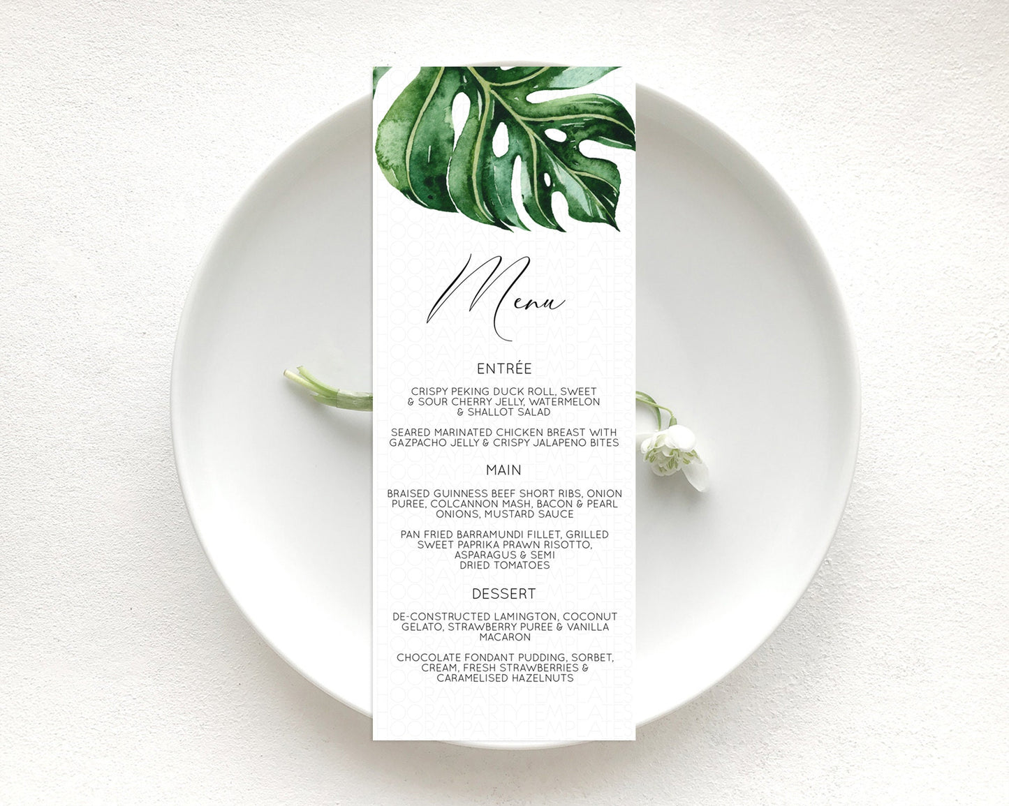 Tropical Menu Template Tropical Menu Palm Leaf Fern Table Decor Frangipani Floral White Orchid Dinner Dessert Menu Party Food Menu D11056