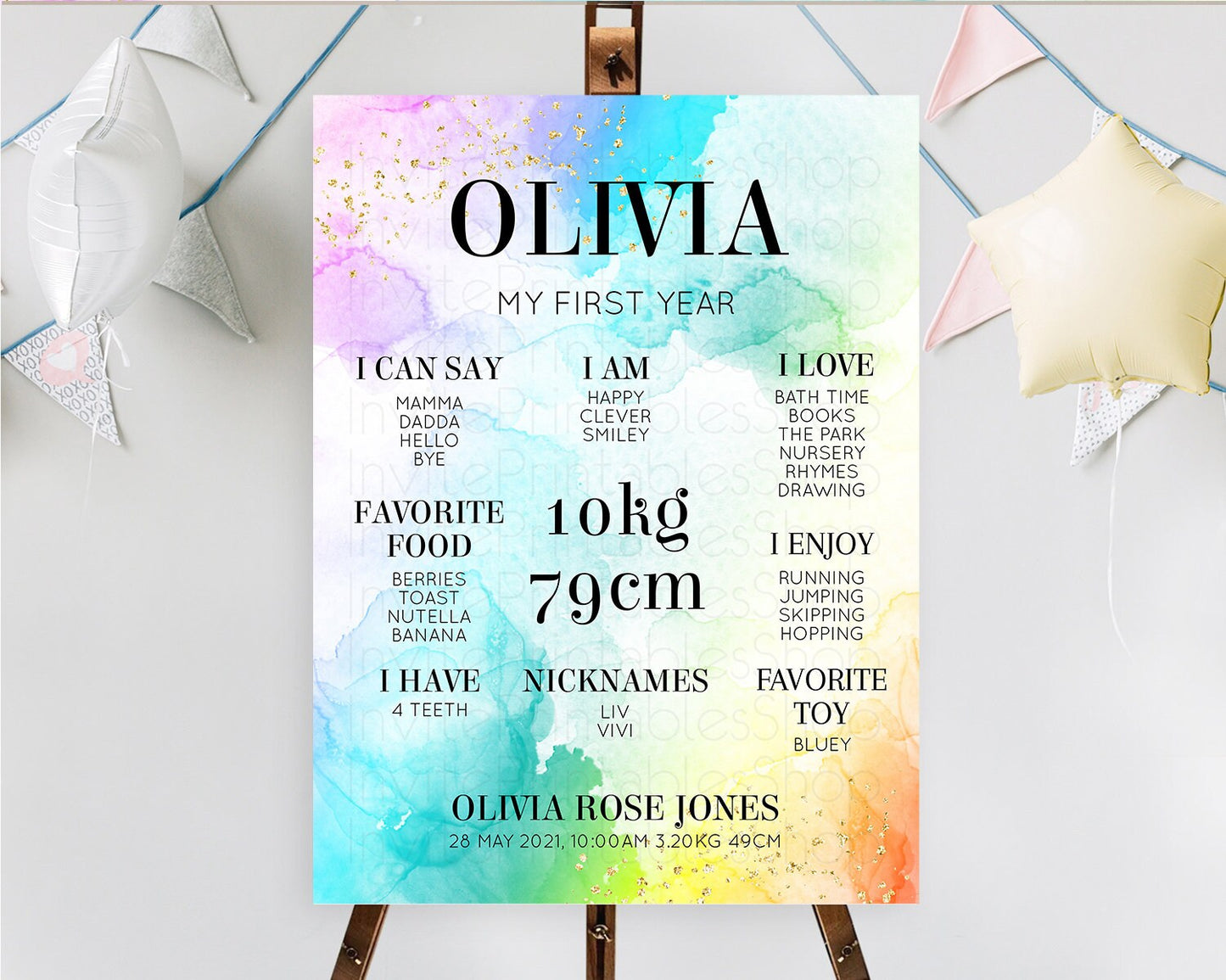 Pastel First Birthday Milestone Board Pastel Rainbow Milestone Poster Colorful Confetti Watercolor Glitter 1st Birthday Welcome Sign D10961