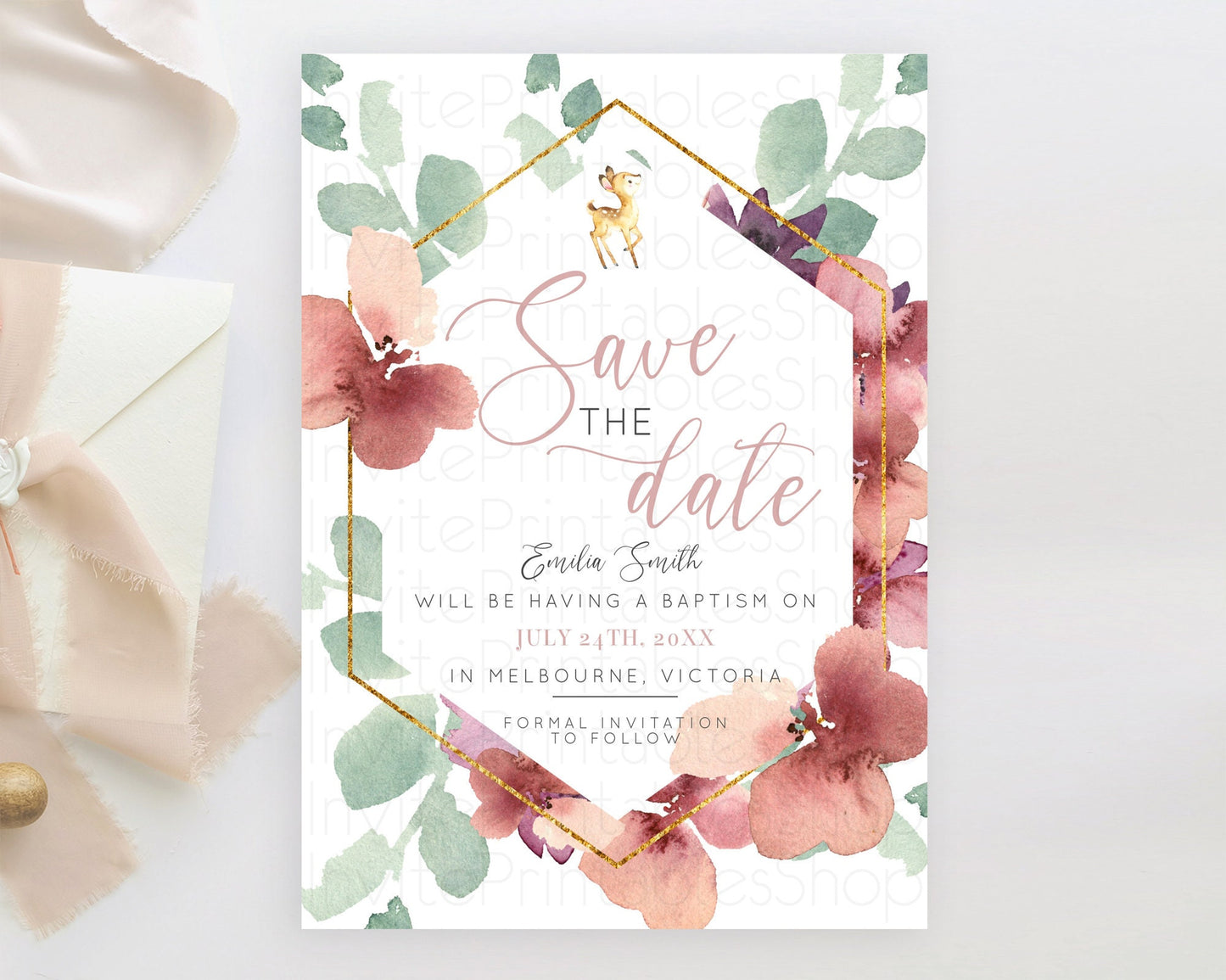 Fawn Deer Save The Date Template Pastel Floral Deer Enchanted Forest Butterfly Party 1st Birthday Baptism Baby Shower Bridal Shower D10915