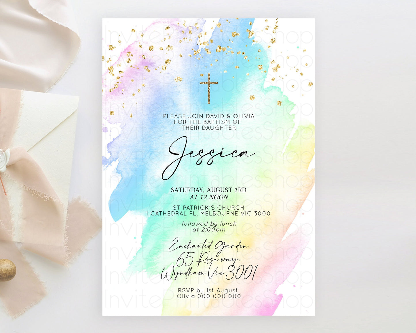 Pastel Baptism Invitation Pastel Colors Watercolor Baptism 1st Birthday Party Gold Ombre Pastel Rainbow Christening Holy Communion D10640