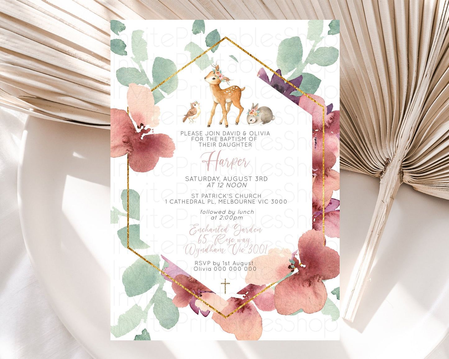 Fawn Baptism Invitation Deer Baptism 1st Birthday Invitation Enchanted Forest Christening Invitation Pastel Garden Butterfly Floral D10913