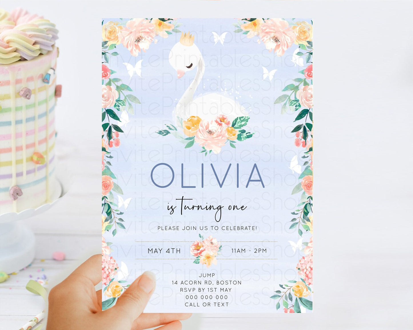 Swan Birthday Invitation Swan Princess Ballet Invitation Enchanted Forest Swan Lake Party Secret Garden Watercolour Pastel Floral D10885