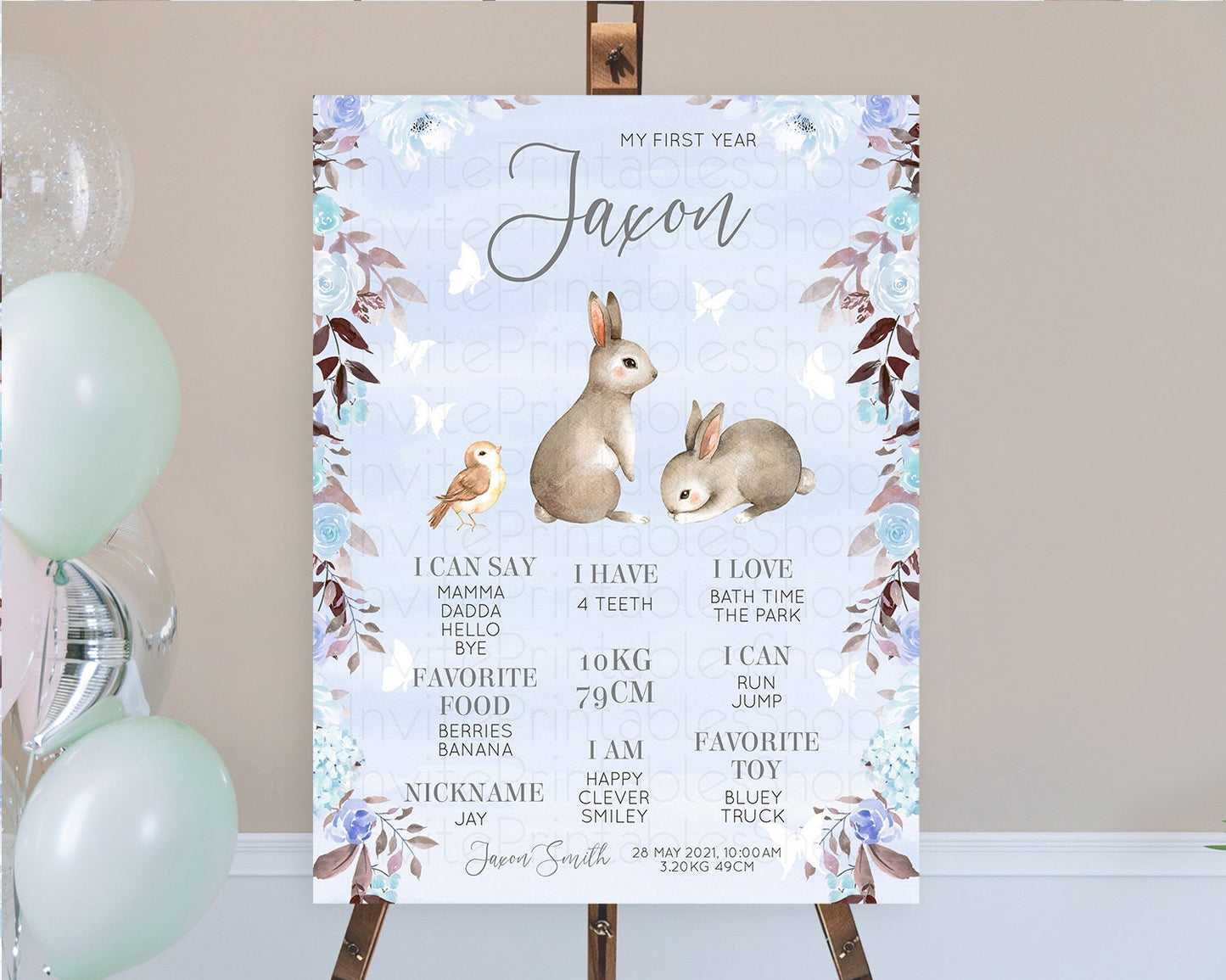 Bunny First Birthday Milestone Board Floral Bunny Milestone Poster Pastel Flowers Woodland Bunny Milestone 1st Birthday Welcome Sign D10923