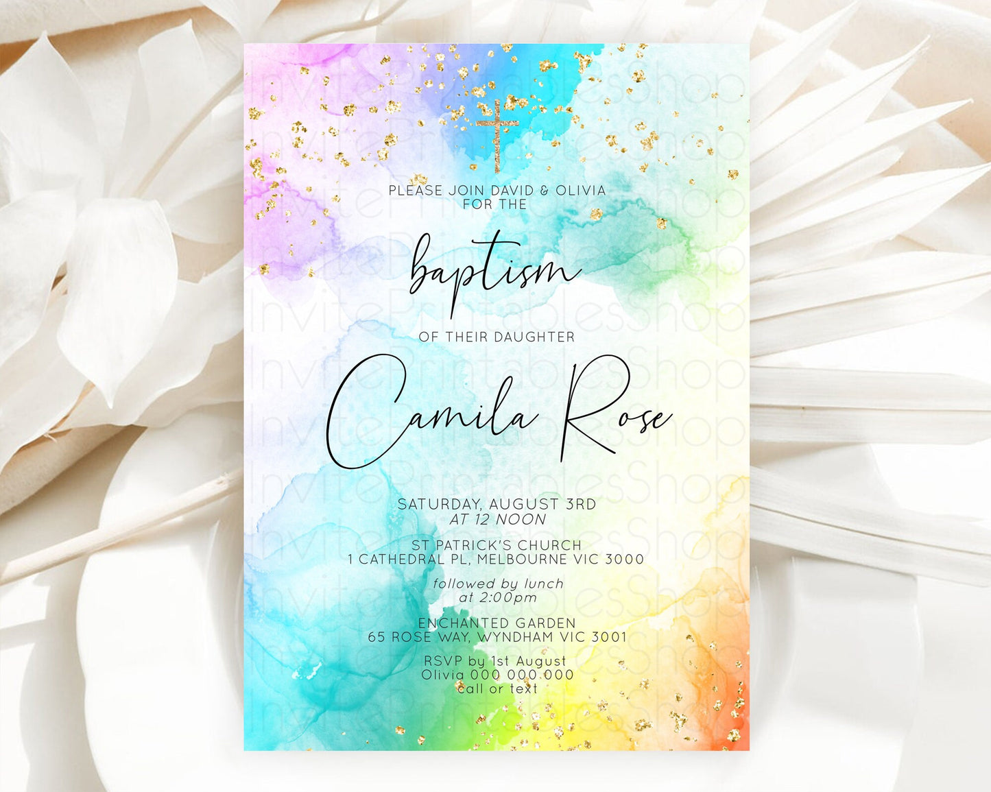 Pastel Baptism Invitation Pastel Colors Watercolor Baptism 1st Birthday Party Gold Ombre Pastel Rainbow Christening Holy Communion D10771