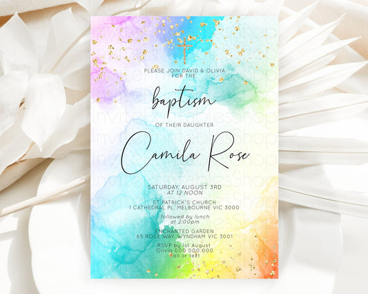 Pastel Baptism Invitation Pastel Colors Watercolor Baptism 1st Birthday Party Gold Ombre Pastel Rainbow Christening Holy Communion D10771