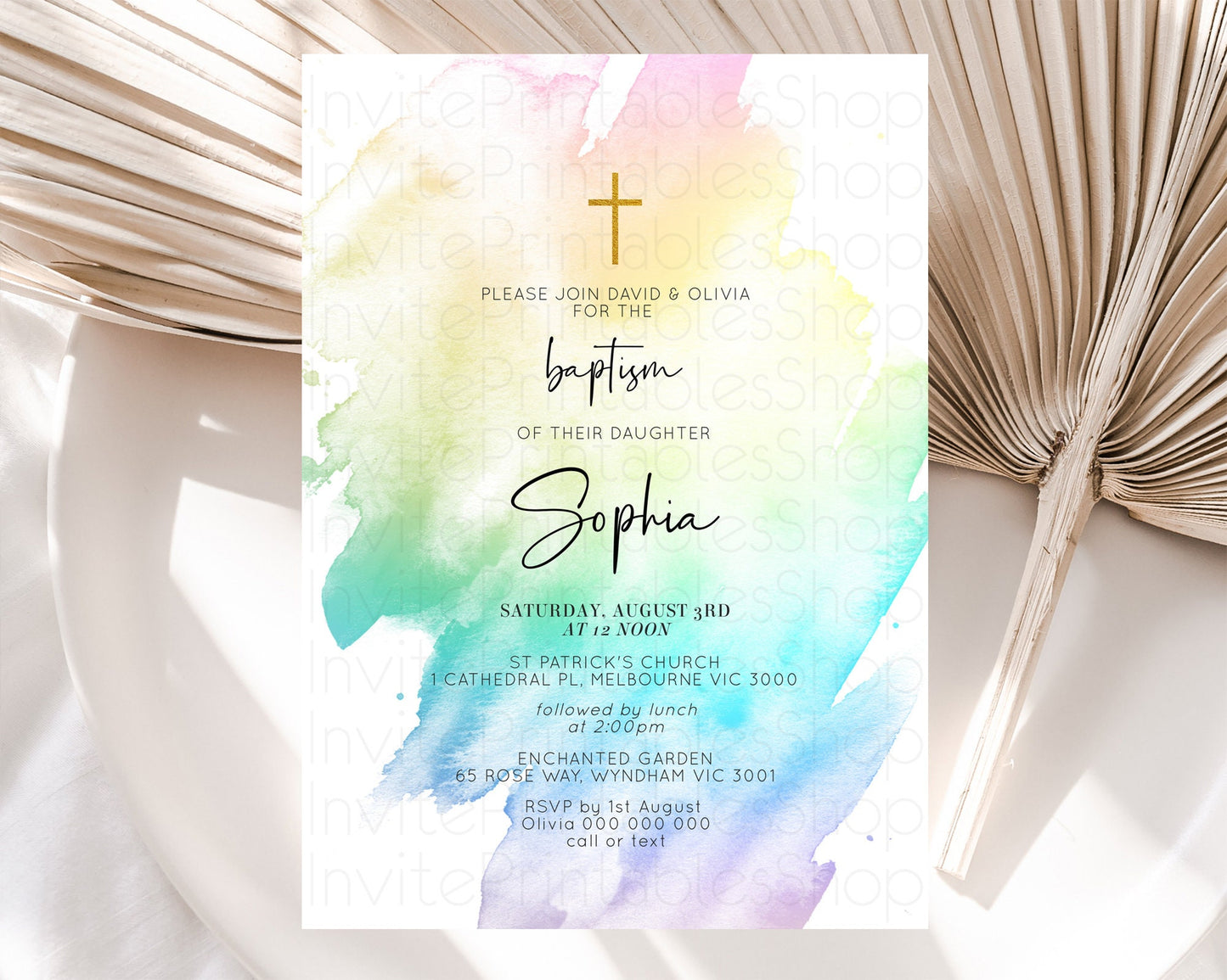 Pastel Baptism Invitation Pastel Colors Watercolor Baptism 1st Birthday Party Gold Ombre Pastel Rainbow Christening Holy Communion D10279