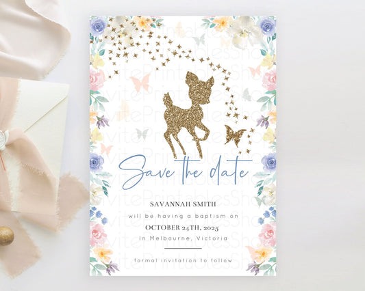 Fawn Deer Save The Date Template Pastel Floral Deer Enchanted Forest Butterfly Party 1st Birthday Baptism Baby Shower Bridal Shower D10878