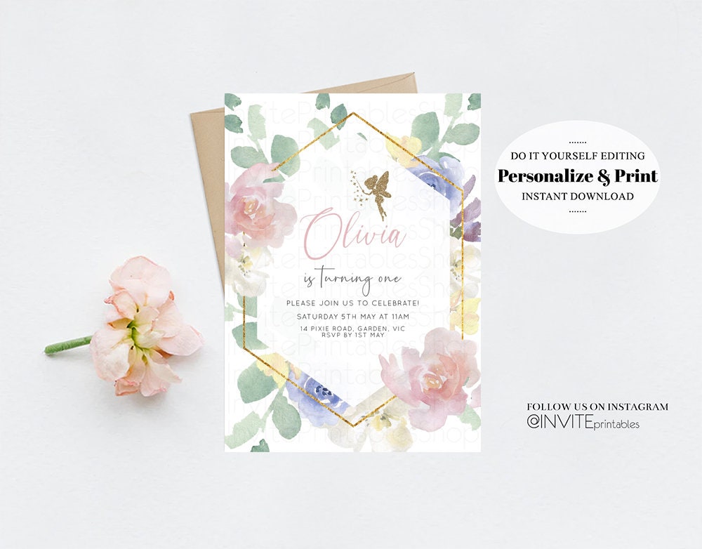 Fairy Birthday Invitation Enchanted Garden Fairytale Watercolor Glitter Floral Pastel Pink Blue Yellow Flowers Template