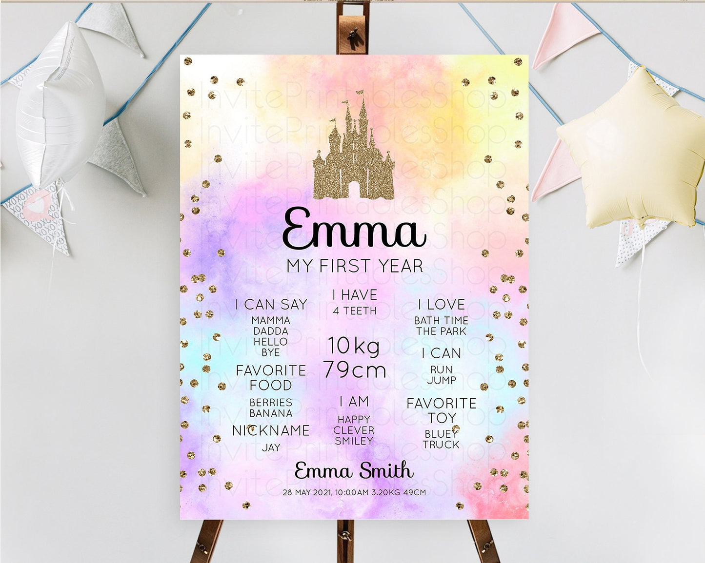 Princess First Birthday Milestone Poster Pastel Princess Milestone Board Pastel Rainbow Colorful Enchanted Castle 1st Birthday Sign D10148