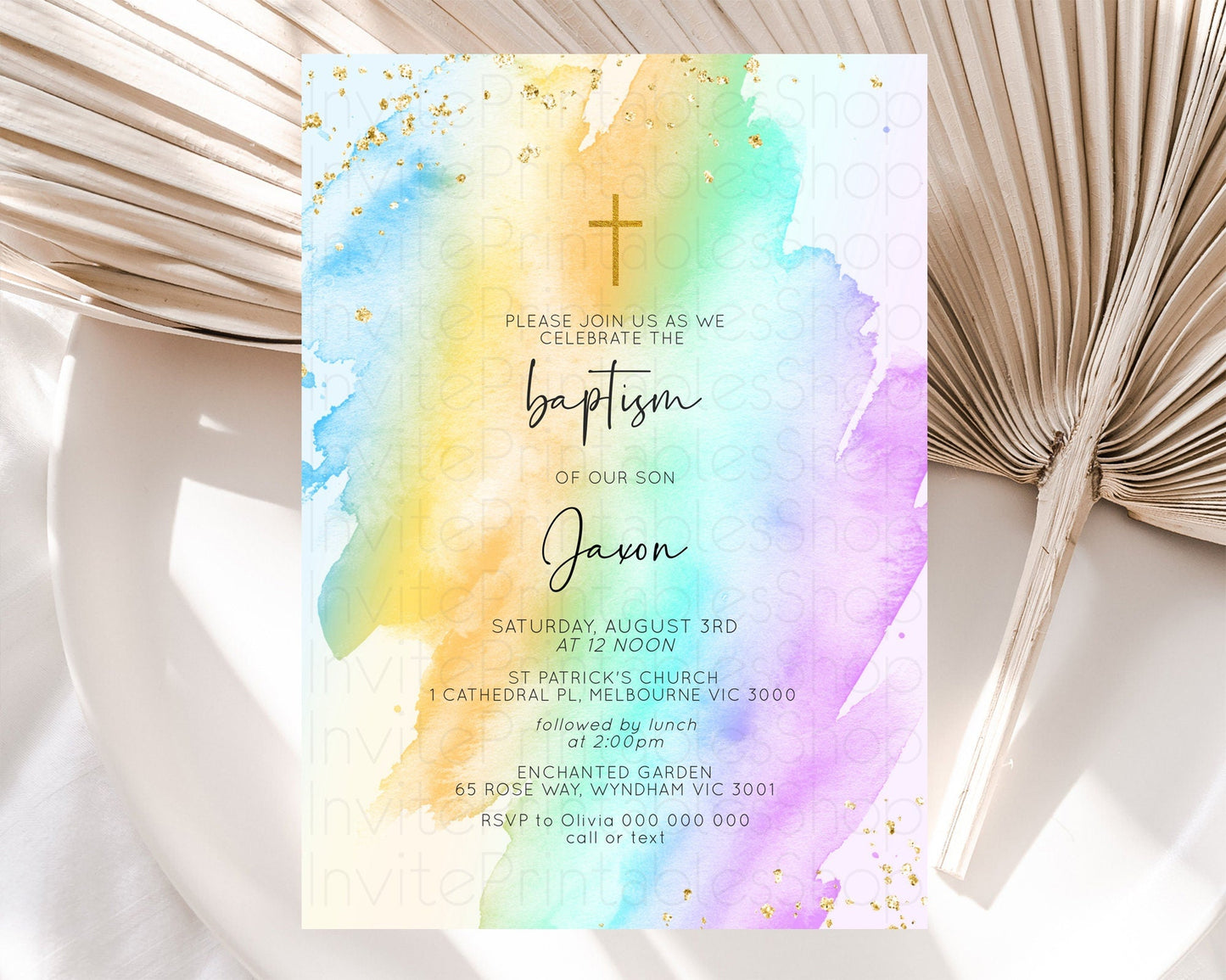 Pastel Baptism Invitation Pastel Colors Watercolor Baptism 1st Birthday Party Gold Ombre Pastel Rainbow Christening Holy Communion D10427