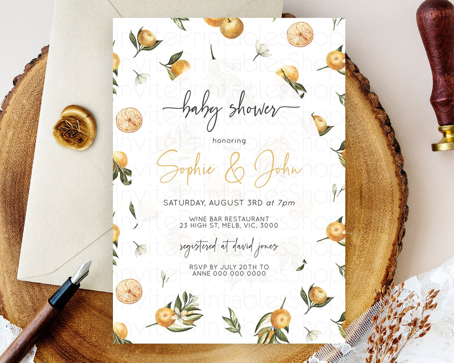 Citrus Baby Shower Invitation Orange Lemon Invitation Citrus Floral Garden Theme Citrus Floral Watercolor Invitation D10545