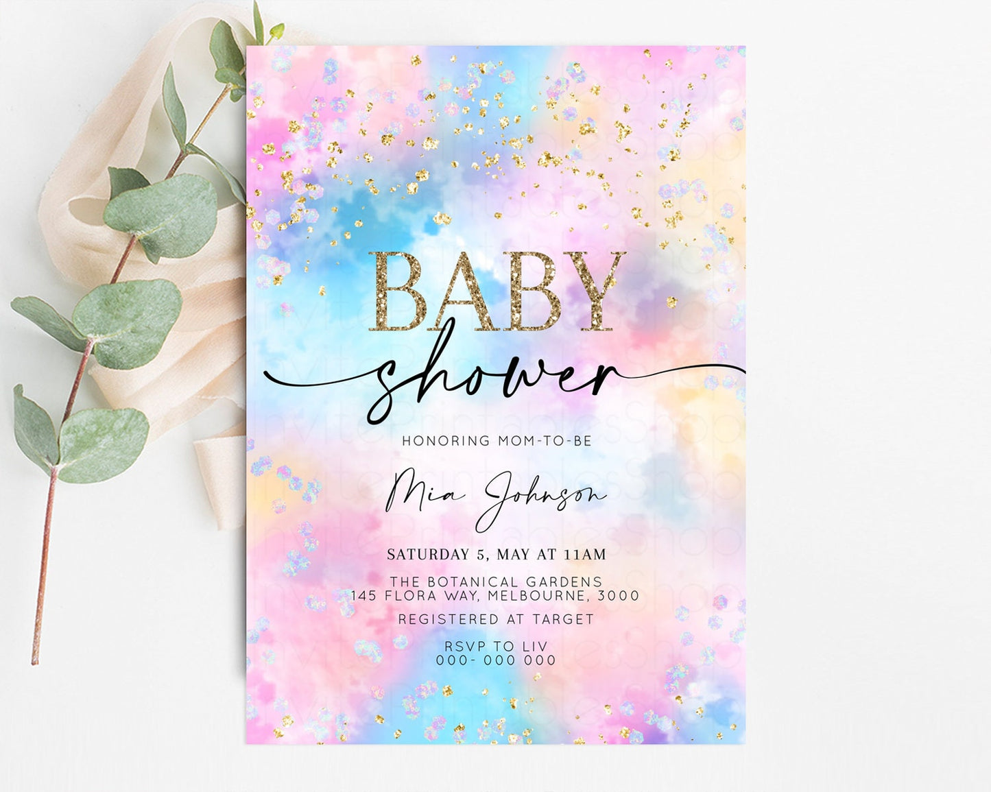 Rainbow Baby Shower Invitation Watercolor Pastel Invite Colorful Splash Baby Invite Glitter Sprinkles Ombre Clouds Invite Whimsical 589v4