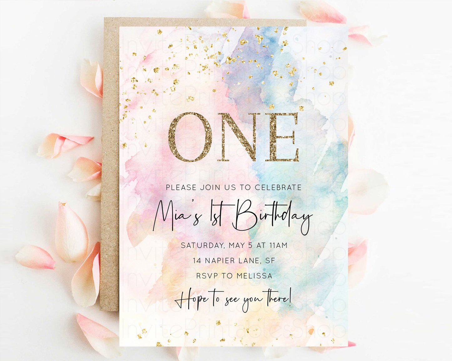 Rainbow Birthday Invitation Pastel Birthday Invitation Ombre Rainbow Invite Colorful Watercolor Invite Glitter Sprinkle 1st 2nd 3rd 276v2