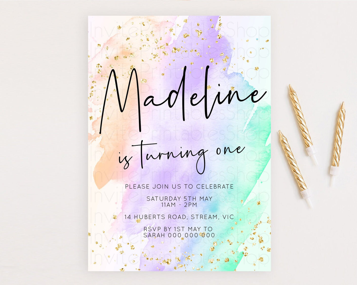 Rainbow Birthday Invitation Colorful Pastel Watercolor Invitation Gold Glitter Sprinkles Ombre Pastel 1st 2nd 3rd Birthday D10176