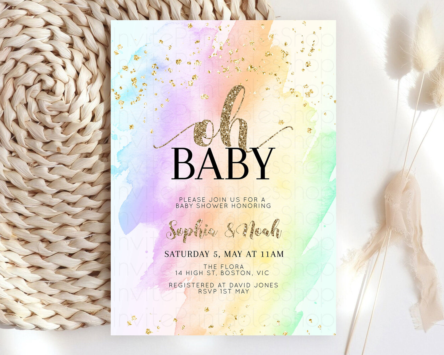 Rainbow Baby Shower Invitation Pastel Watercolor Invitation Ombre Splash Invite Glitter Confetti Sprinkles Colorful Gender Neutral 604v2