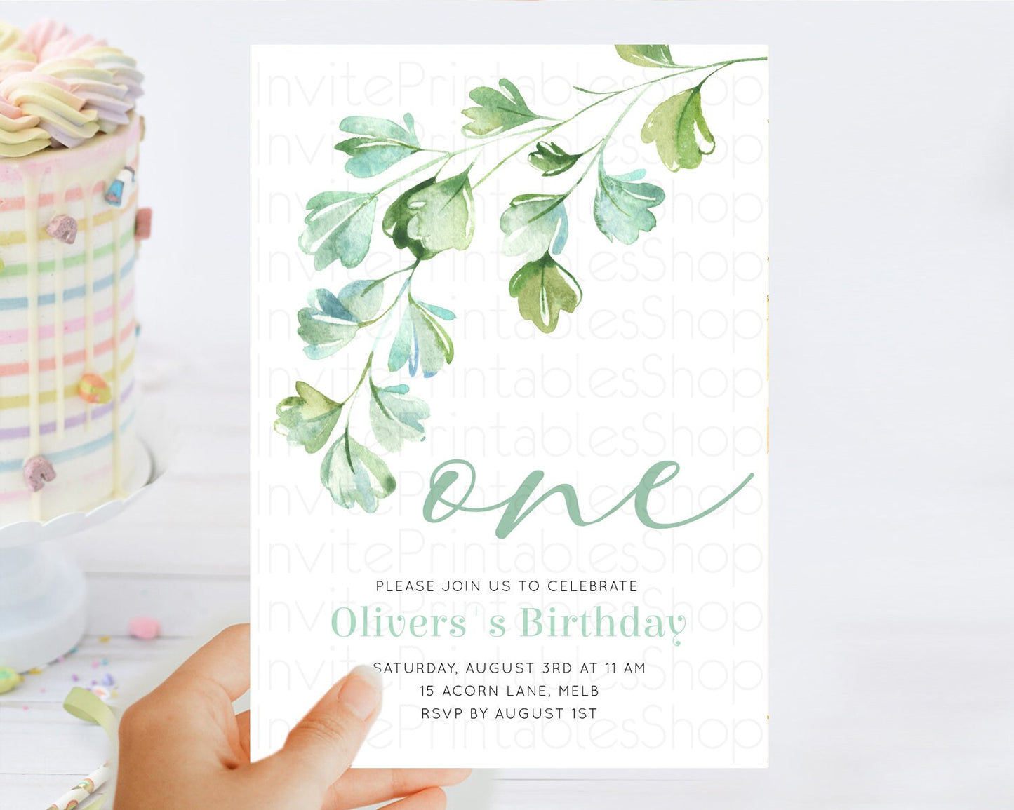 Leafy Birthday Invitation Leafy Invitation Simple Greenery Invitation Eucalyptus Fern Spray Leaves Minimal Green Leaf Watercolour D11057