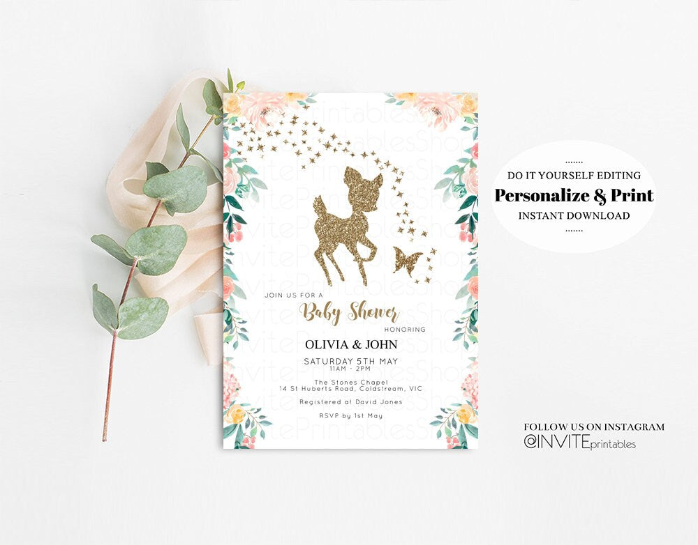 Fawn Baby Shower Invite Deer Baby Shower Invite Deer Invite Deer Party Invite Pastel Floral Invite Glitter Invite Garden Party Invite