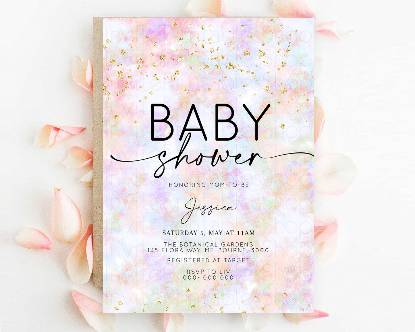 Pastel Baby Shower Invitation Rainbow Baby Shower Invitation Colorful Pastel Watercolor Invitation Gold Glitter Sprinkles Ombre D10649