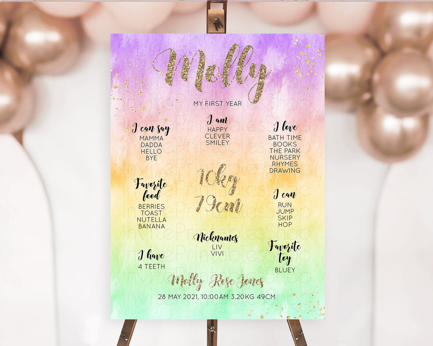 Pastel First Birthday Milestone Board Pastel Rainbow Milestone Poster Colorful Confetti Watercolor Glitter 1st Birthday Welcome Sign D10512