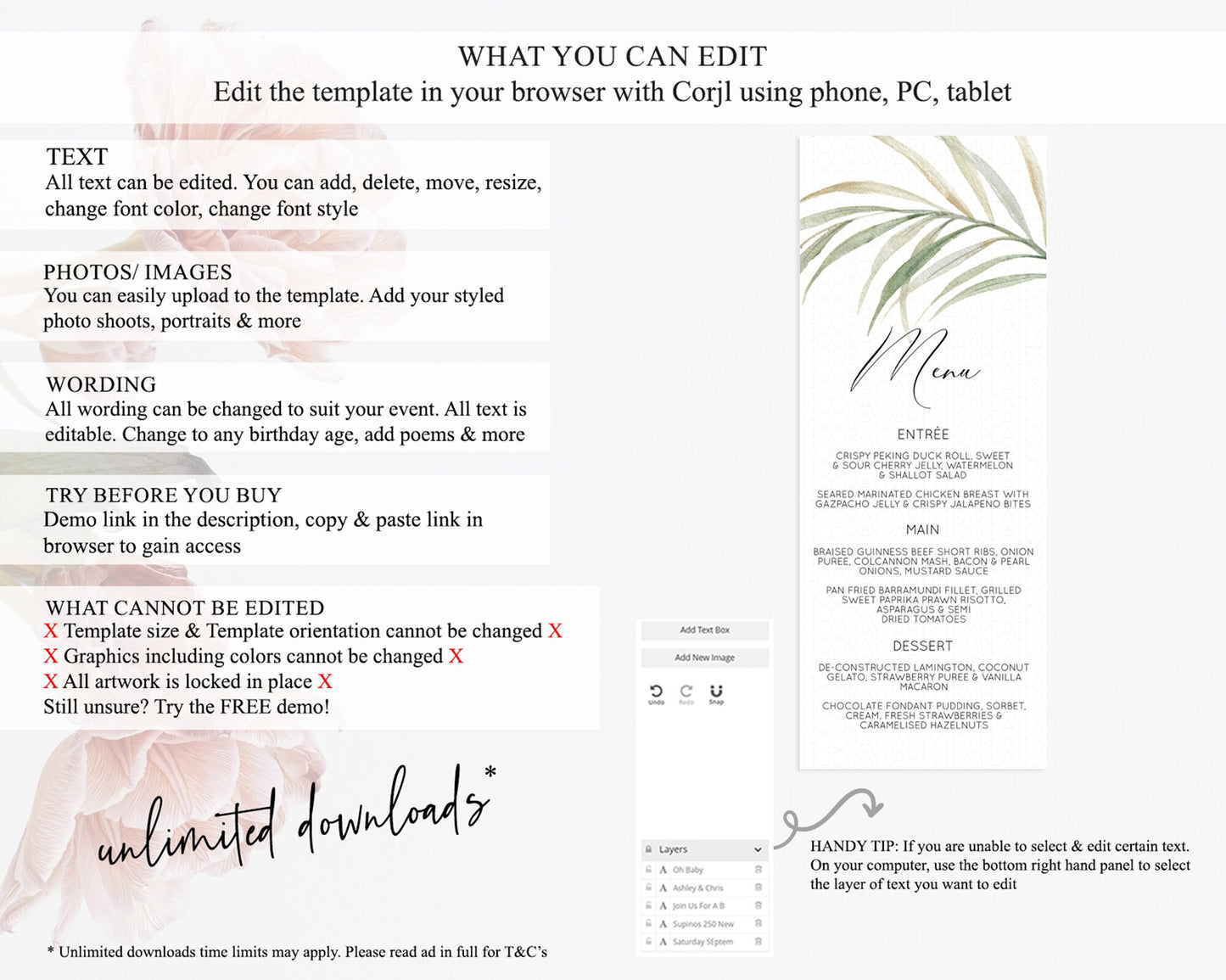 Leafy Menu Green Leaf Menu Template Eucalyptus Fern Leaves Decor Watercolor Boho Garden Leaf Branch Dinner Dessert Party Food Menu D11043