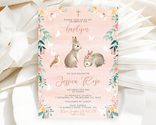 Bunny Baptism Invitation Floral Bunny Baptism 1st Birthday Invitation Pastel Bunny Christening Invite Watercolor Forest Bunny Party  D10922