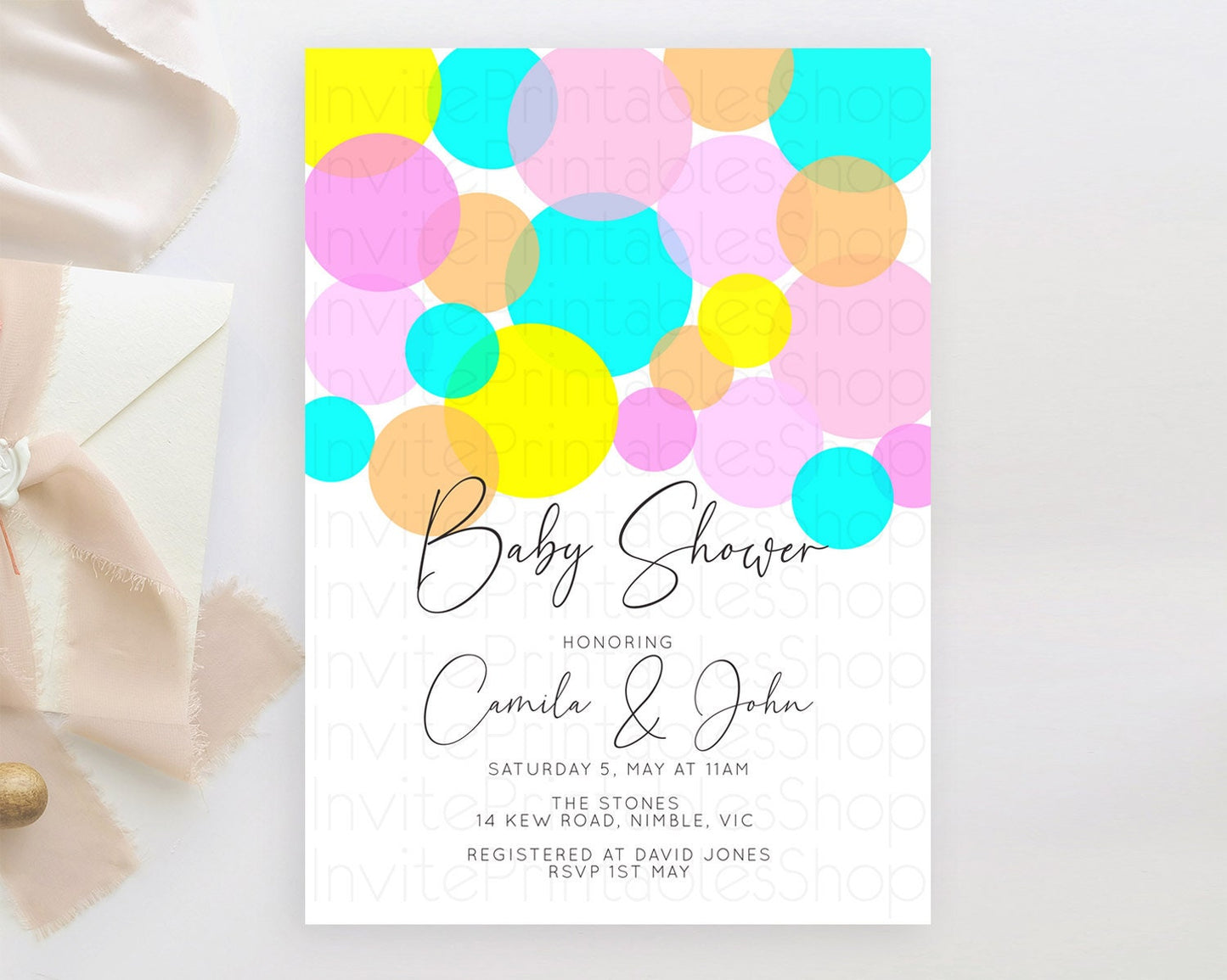 Pastel Rainbow Baby Shower Invitation, Colorful Confetti, Sprinkles, Bubbles, Vibrant Blue, Pink, Yellow Confetti Theme Gender Reveal D10896