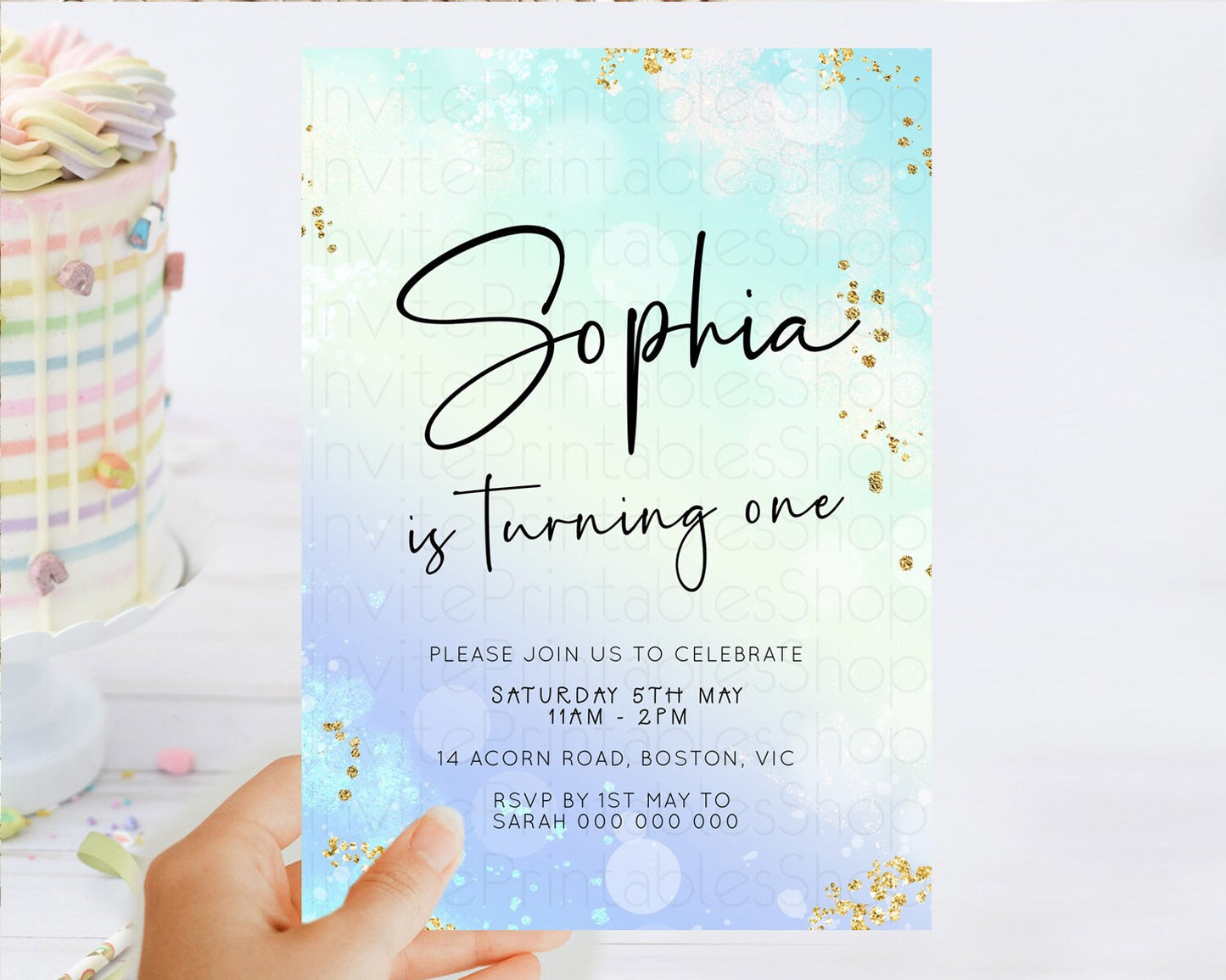 Pastel Birthday Invitation Ombre Watercolor Birthday Invitation Glitter Rainbow Color Splash 1st 2nd 3rd Birthday Invitation D23099