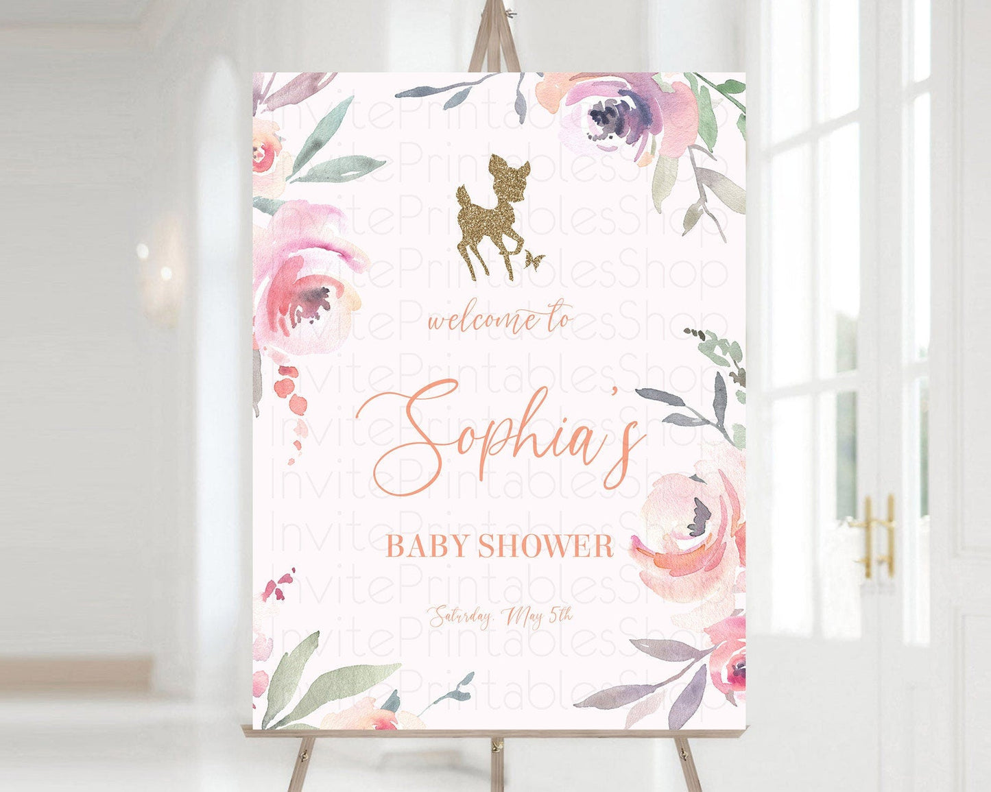 Fawn Baby Shower Welcome Sign Deer Welcome Board Floral Deer Welcome Poster Enchanted Forest Butterfly Pastel Floral Welcome Sign D10196